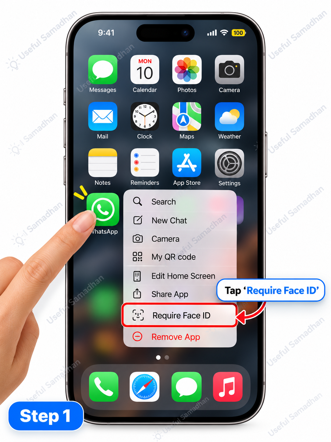 Step 1: App icon को Press and Hold करके Require Face ID चुनना