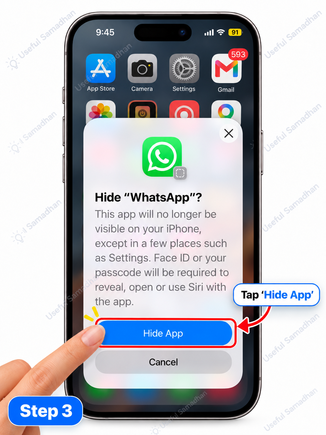 Step 3: Hide App पर Tap करके app को Hidden folder में भेजना