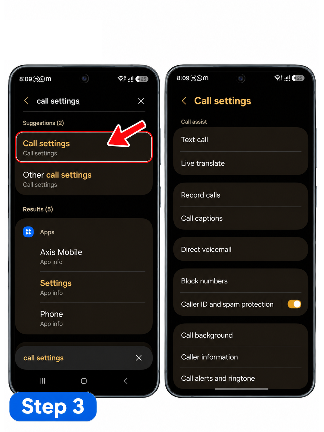 Step 3: Search result से Call settings खोलना