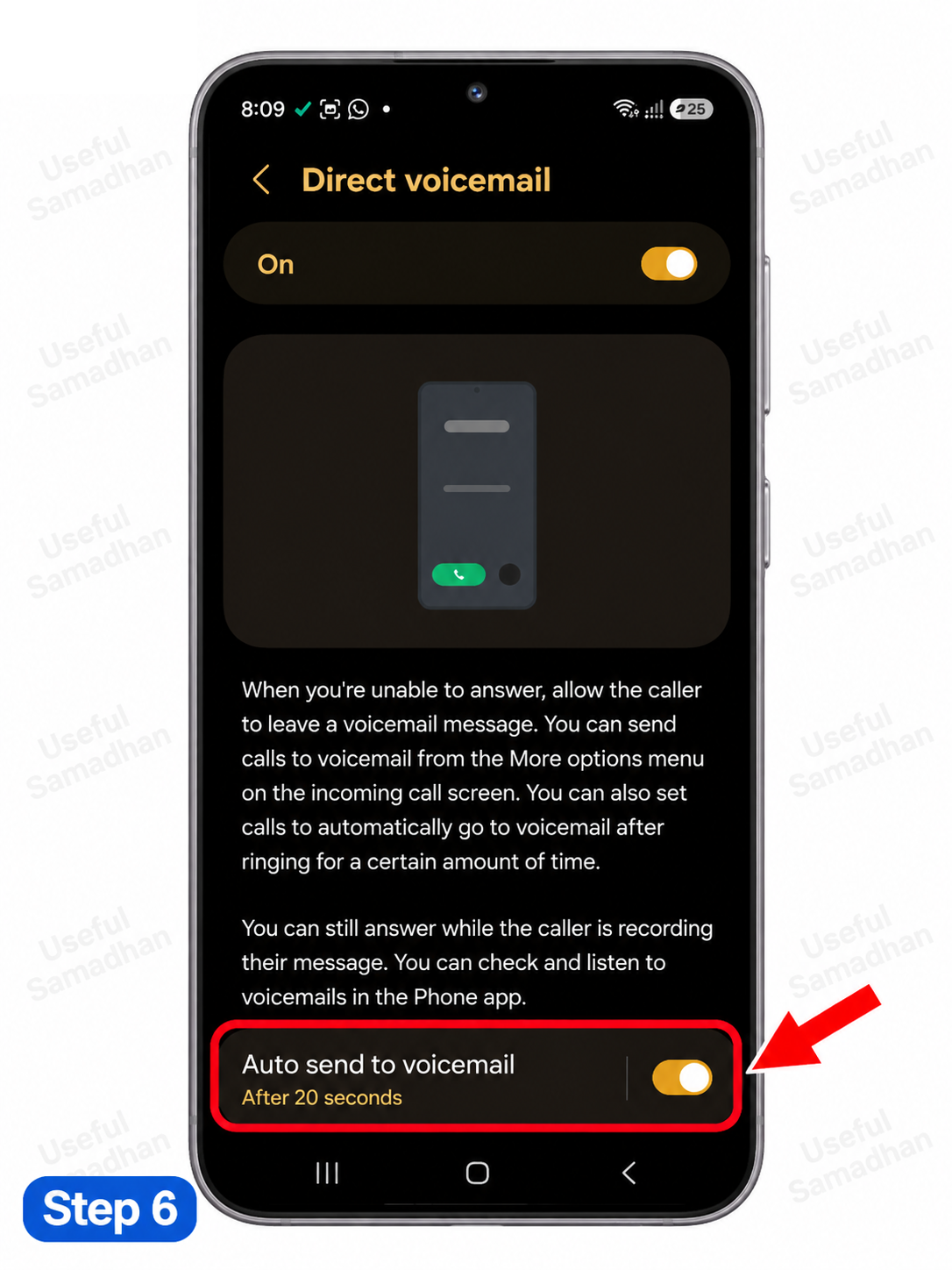 Step 6: Auto send to voicemail ON करके 20 seconds सेट करना
