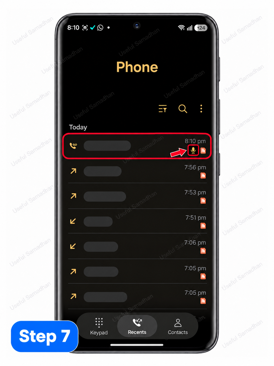 Step 7: Phone app के Recent Calls में Voicemail वाली call ढूँढना