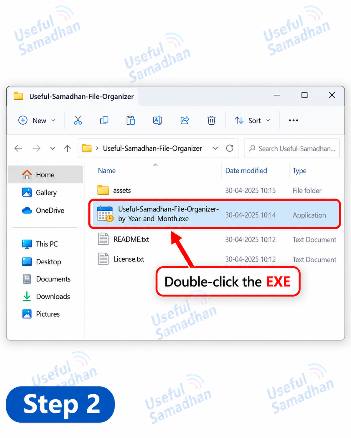 Step 2: File Organizer by Year and Month EXE पर Double-click करना