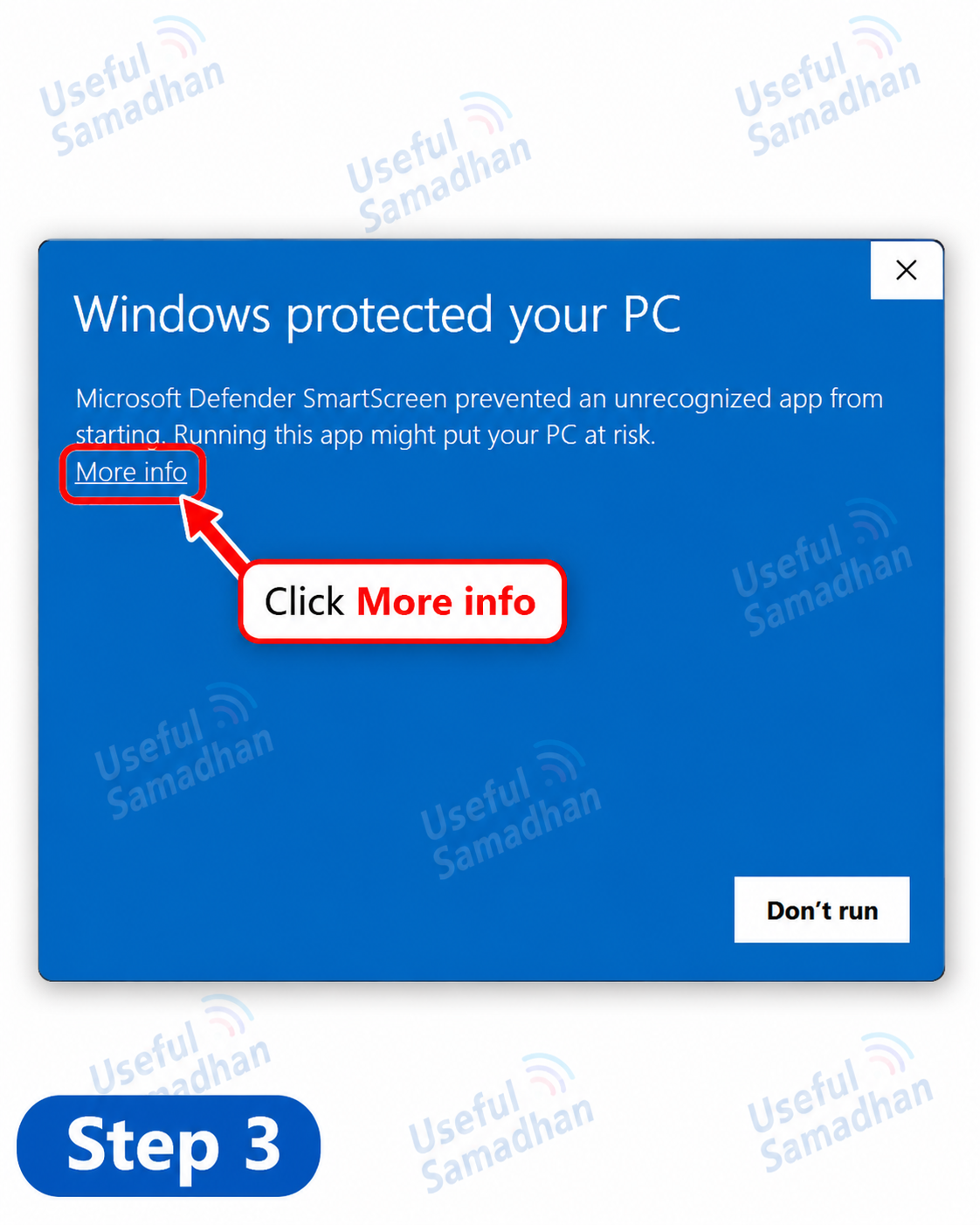 Step 3: Windows Defender SmartScreen में More info चुनना